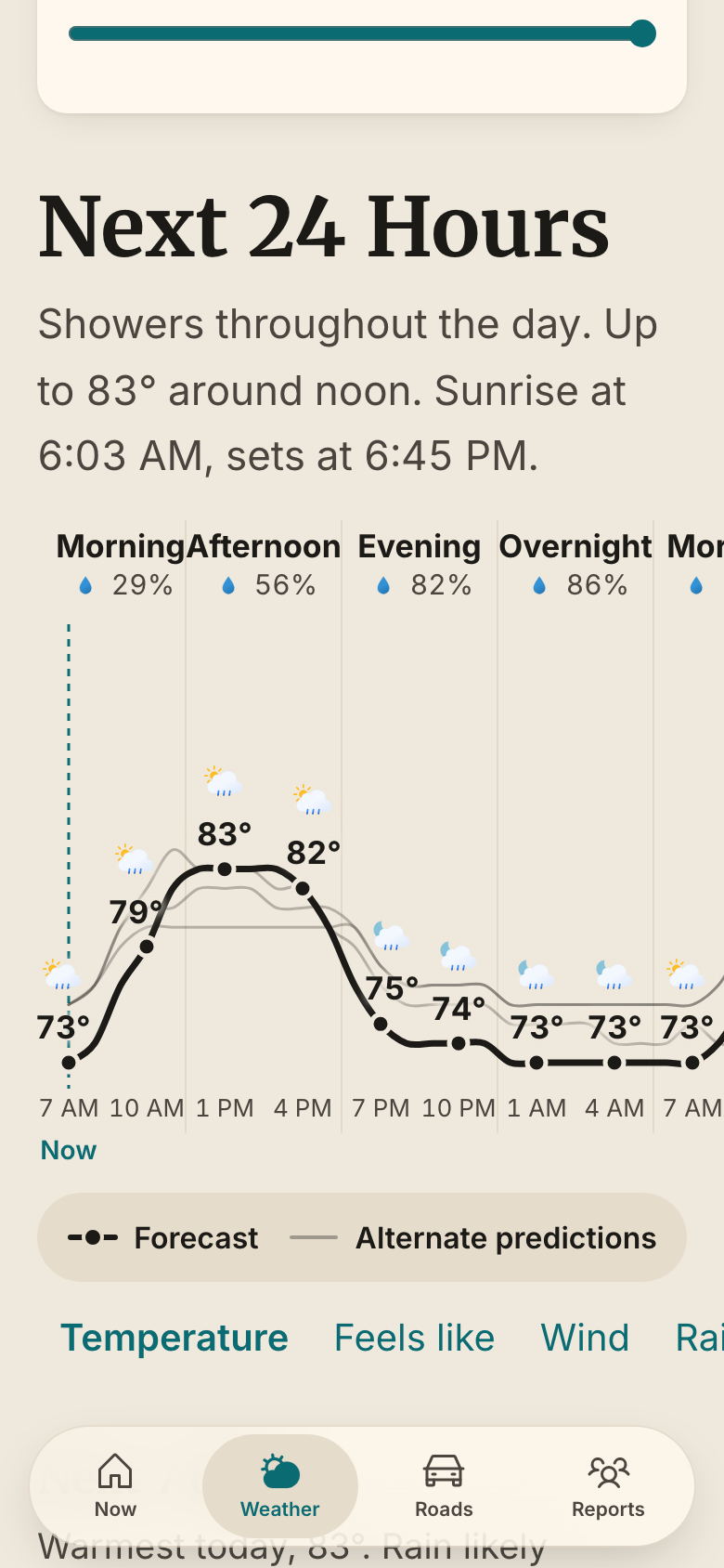 The Weather page: the next 24 hours as a temperature curve